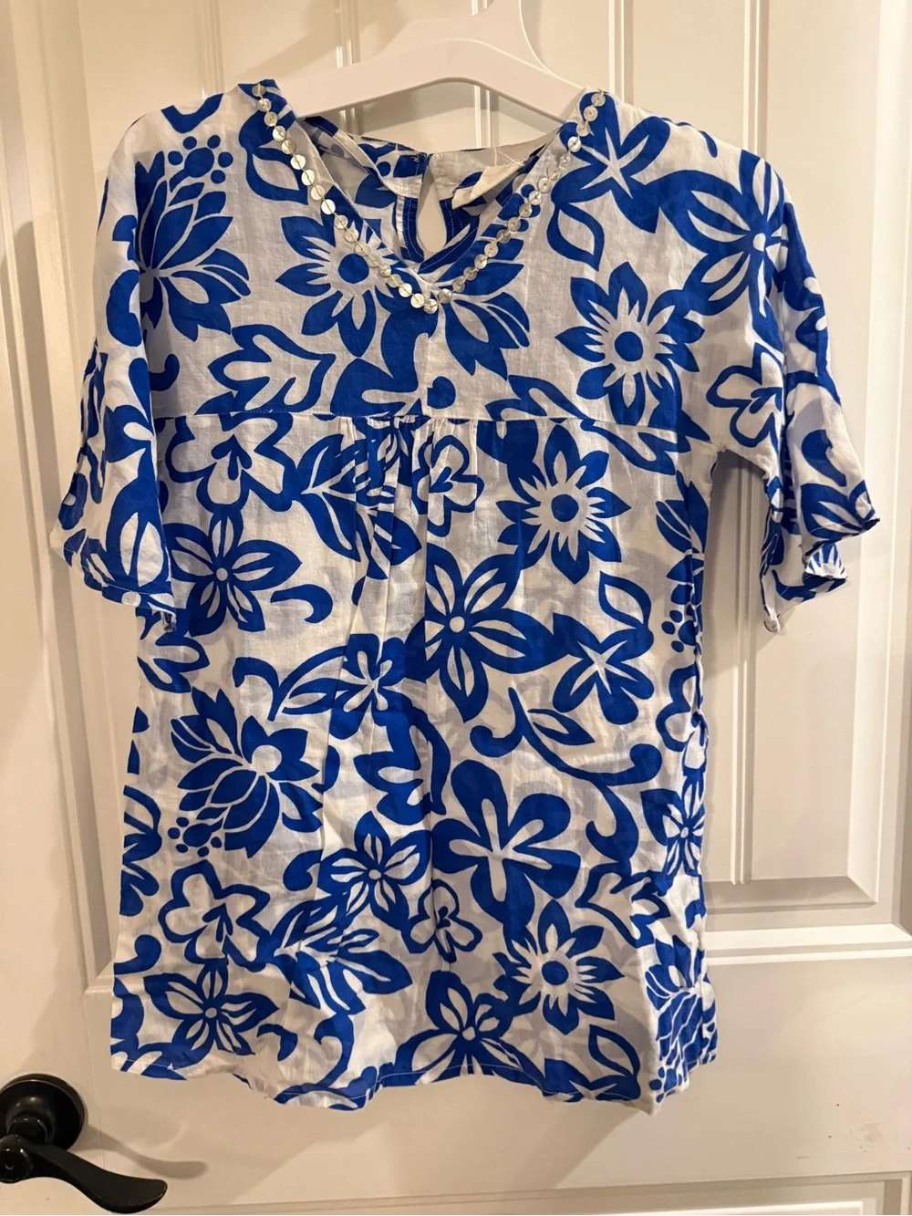 Mini Boden White Tunic with Bold Blue Floral Print